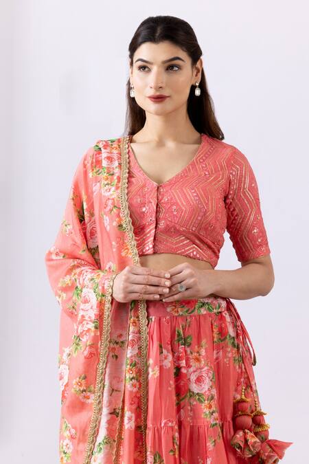Shop_Abbaran_Pink Chanderi Embroidery, Lace, Tassels V-neck Floral Print Lehenga Set_Online_at_Aza_Fashions