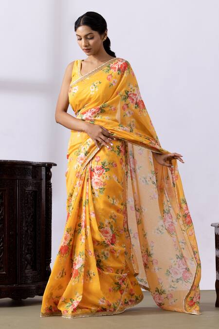 Abbaran Yellow Chanderi Embroidery Round Neck Pre-draped Saree With Blouse Online at Aza Fashions Abbaran_Yellow Chanderi Embroidery Round Neck Pre-draped Saree With Blouse_Online_at_Aza_Fashions