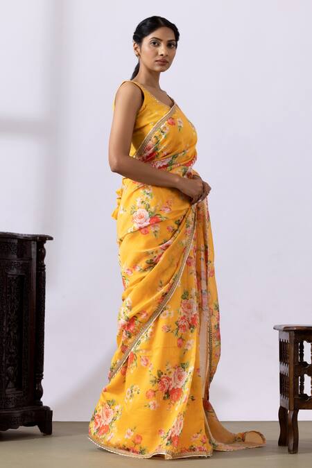 Buy Abbaran Yellow Chanderi Embroidery Round Neck Pre-draped Saree With Blouse Online at Aza Fashions Buy_Abbaran_Yellow Chanderi Embroidery Round Neck Pre-draped Saree With Blouse_Online_at_Aza_Fashions
