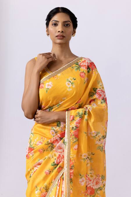 Shop Abbaran Yellow Chanderi Embroidery Round Neck Pre-draped Saree With Blouse Online at Aza Fashions Shop_Abbaran_Yellow Chanderi Embroidery Round Neck Pre-draped Saree With Blouse_Online_at_Aza_Fashions