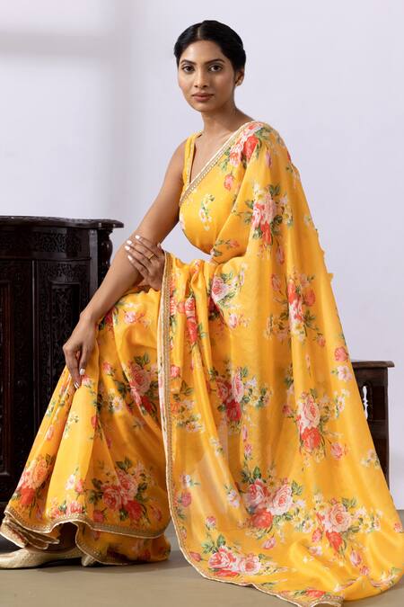 Abbaran Yellow Chanderi Embroidery Round Neck Pre-draped Saree With Blouse at Aza Fashions Abbaran_Yellow Chanderi Embroidery Round Neck Pre-draped Saree With Blouse_at_Aza_Fashions