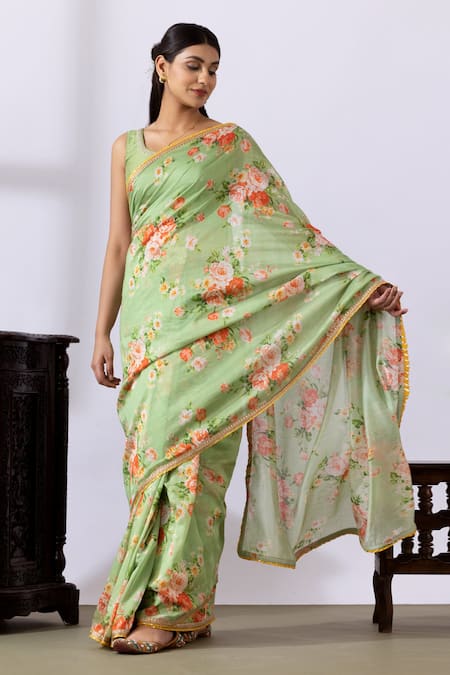 Abbaran_Green Chanderi Lace, Tassels, Embroidery Printed Pre-draped Saree With Blouse _Online_at_Aza_Fashions