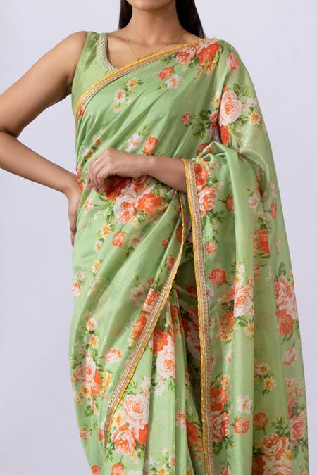 Abbaran_Green Chanderi Lace, Tassels, Embroidery Printed Pre-draped Saree With Blouse _at_Aza_Fashions