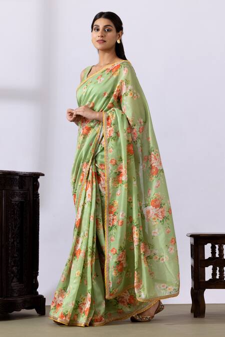 Buy_Abbaran_Green Chanderi Lace, Tassels, Embroidery Printed Pre-draped Saree With Blouse _Online_at_Aza_Fashions
