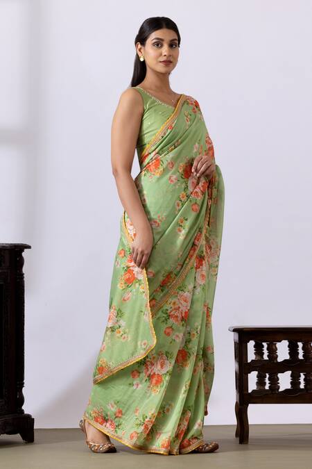 Shop_Abbaran_Green Chanderi Lace, Tassels, Embroidery Printed Pre-draped Saree With Blouse _Online_at_Aza_Fashions
