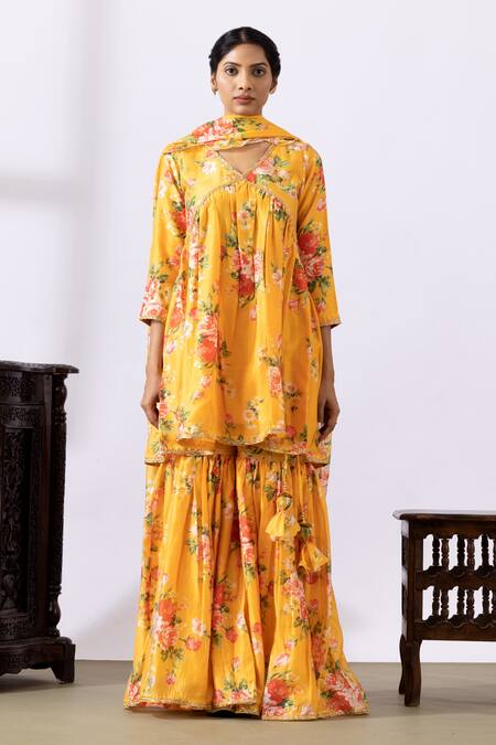 Abbaran Yellow Chanderi Tassels, Embroidery V-neck Floral Printed Kurta Gharara Set Online at Aza Fashions Abbaran_Yellow Chanderi Tassels, Embroidery V-neck Floral Printed Kurta Gharara Set_Online_at_Aza_Fashions