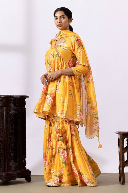 Buy Abbaran Yellow Chanderi Tassels, Embroidery V-neck Floral Printed Kurta Gharara Set Online at Aza Fashions Buy_Abbaran_Yellow Chanderi Tassels, Embroidery V-neck Floral Printed Kurta Gharara Set_Online_at_Aza_Fashions
