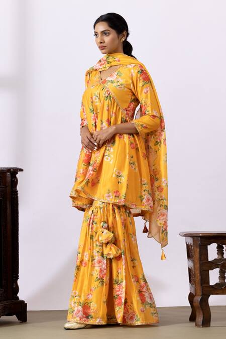 Shop Abbaran Yellow Chanderi Tassels, Embroidery V-neck Floral Printed Kurta Gharara Set Online at Aza Fashions Shop_Abbaran_Yellow Chanderi Tassels, Embroidery V-neck Floral Printed Kurta Gharara Set_Online_at_Aza_Fashions