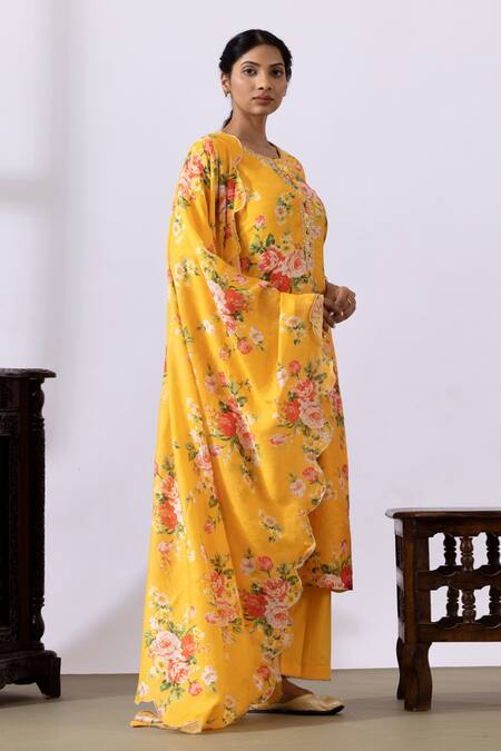 Shop_Abbaran_Yellow Chanderi Embroidery Round Neck Floral Printed Kurta Set_Online_at_Aza_Fashions