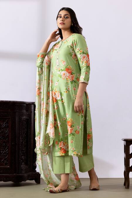 Abbaran Green Chanderi Embroidery Round Neck Floral Print Straight Kurta Palazzo Set Online at Aza Fashions Abbaran_Green Chanderi Embroidery Round Neck Floral Print Straight Kurta Palazzo Set_Online_at_Aza_Fashions