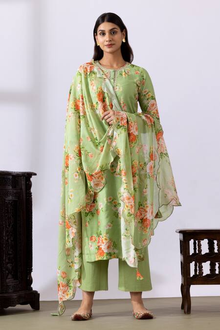 Buy Abbaran Green Chanderi Embroidery Round Neck Floral Print Straight Kurta Palazzo Set Online at Aza Fashions Buy_Abbaran_Green Chanderi Embroidery Round Neck Floral Print Straight Kurta Palazzo Set_Online_at_Aza_Fashions