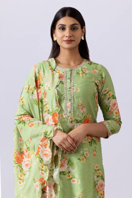 Shop Abbaran Green Chanderi Embroidery Round Neck Floral Print Straight Kurta Palazzo Set Online at Aza Fashions Shop_Abbaran_Green Chanderi Embroidery Round Neck Floral Print Straight Kurta Palazzo Set_Online_at_Aza_Fashions