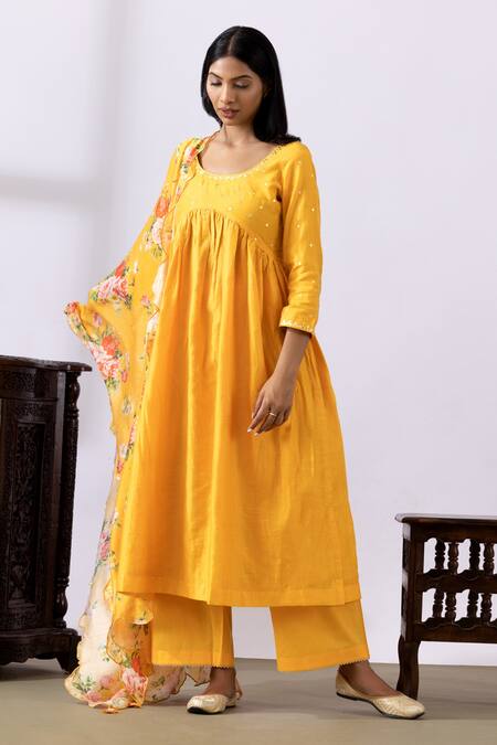 Abbaran Yellow Chanderi Round Neck Embroidered Gathered Anarkali Palazzo Set Online at Aza Fashions Abbaran_Yellow Chanderi Round Neck Embroidered Gathered Anarkali Palazzo Set _Online_at_Aza_Fashions