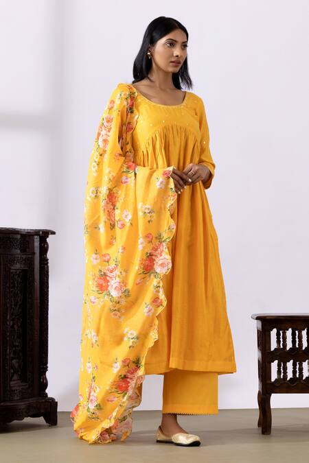 Buy Abbaran Yellow Chanderi Round Neck Embroidered Gathered Anarkali Palazzo Set Online at Aza Fashions Buy_Abbaran_Yellow Chanderi Round Neck Embroidered Gathered Anarkali Palazzo Set _Online_at_Aza_Fashions