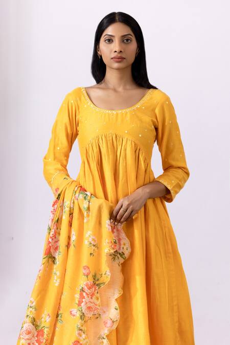 Shop Abbaran Yellow Chanderi Round Neck Embroidered Gathered Anarkali Palazzo Set Online at Aza Fashions Shop_Abbaran_Yellow Chanderi Round Neck Embroidered Gathered Anarkali Palazzo Set _Online_at_Aza_Fashions