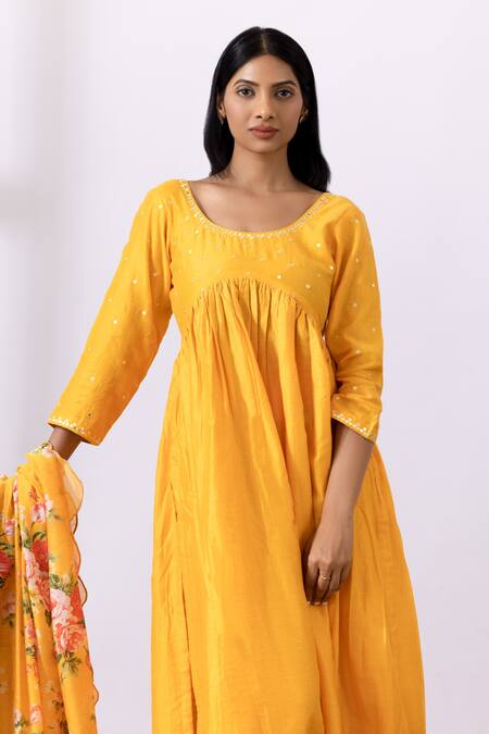 Abbaran Yellow Chanderi Round Neck Embroidered Gathered Anarkali Palazzo Set at Aza Fashions Abbaran_Yellow Chanderi Round Neck Embroidered Gathered Anarkali Palazzo Set _at_Aza_Fashions