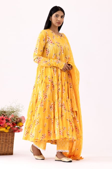 Buy_Abbaran_Yellow Cotton Embroidery Round Neck Floral Print Anarkali Set _Online_at_Aza_Fashions