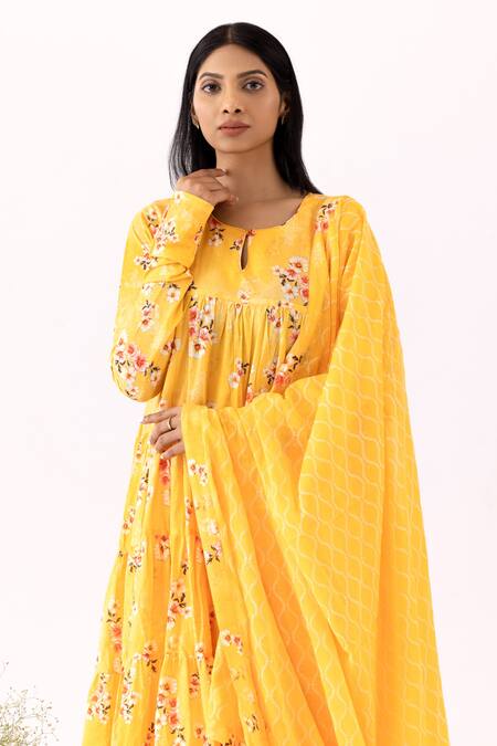 Shop_Abbaran_Yellow Cotton Embroidery Round Neck Floral Print Anarkali Set _Online_at_Aza_Fashions