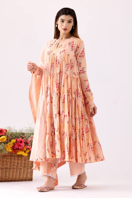 Abbaran_Peach Cotton Embroidery, Lace Round Neck Flower Block Print Anarkali Set_Online_at_Aza_Fashions