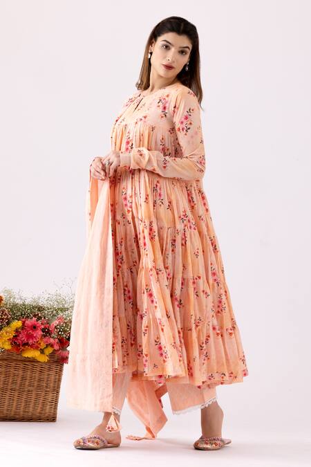 Shop_Abbaran_Peach Cotton Embroidery, Lace Round Neck Flower Block Print Anarkali Set_Online_at_Aza_Fashions