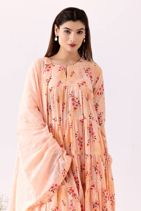 Abbaran_Peach Cotton Embroidery, Lace Round Neck Flower Block Print Anarkali Set_at_Aza_Fashions