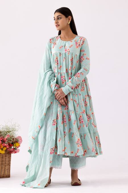 Abbaran_Blue Cotton Embroidery Round Neck Layered Floral Print Anarkali Set _Online_at_Aza_Fashions