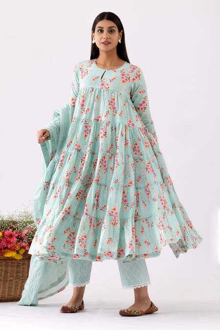 Buy_Abbaran_Blue Cotton Embroidery Round Neck Layered Floral Print Anarkali Set _Online_at_Aza_Fashions