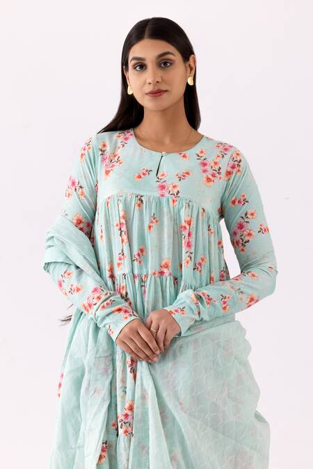 Shop_Abbaran_Blue Cotton Embroidery Round Neck Layered Floral Print Anarkali Set _Online_at_Aza_Fashions