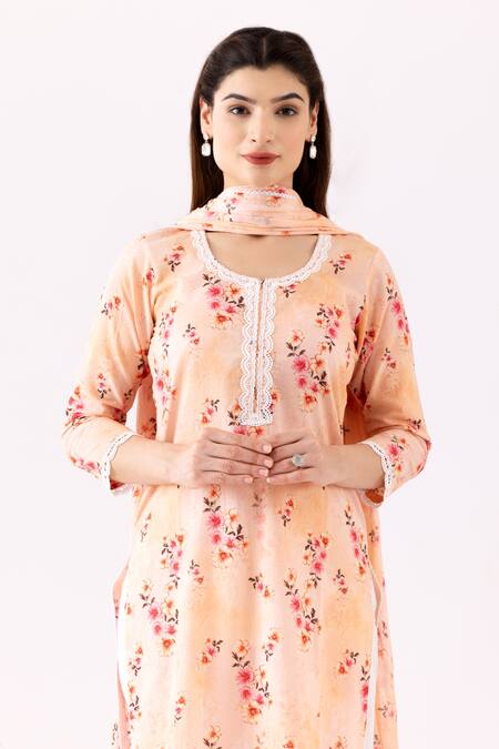 Shop_Abbaran_Peach , Satin Lace Round Neck Flower Bloom Print Kurta Set _Online_at_Aza_Fashions