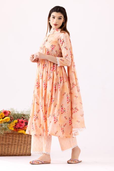 Abbaran Peach Cotton Embroidery V-neck Flower Print Gathered Anarkali Set Online at Aza Fashions Abbaran_Peach Cotton Embroidery V-neck Flower Print Gathered Anarkali Set_Online_at_Aza_Fashions