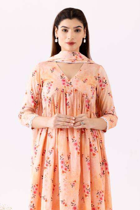 Buy Abbaran Peach Cotton Embroidery V-neck Flower Print Gathered Anarkali Set Online at Aza Fashions Buy_Abbaran_Peach Cotton Embroidery V-neck Flower Print Gathered Anarkali Set_Online_at_Aza_Fashions