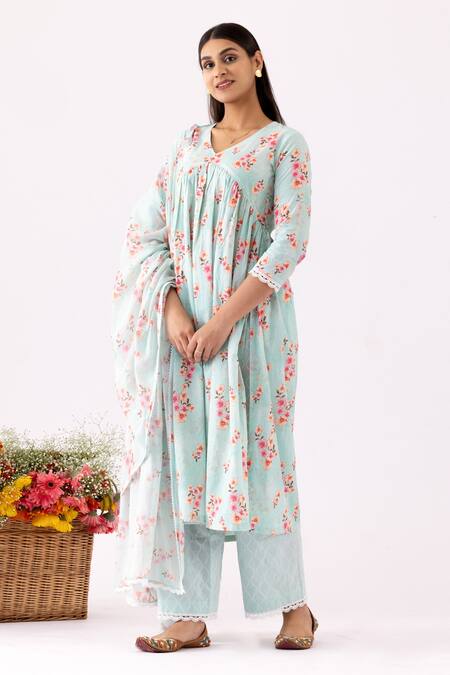 Abbaran_Blue Cotton Lace, Embroidery V-neck Floral Bloom Print Gathered Anarkali Set _Online_at_Aza_Fashions