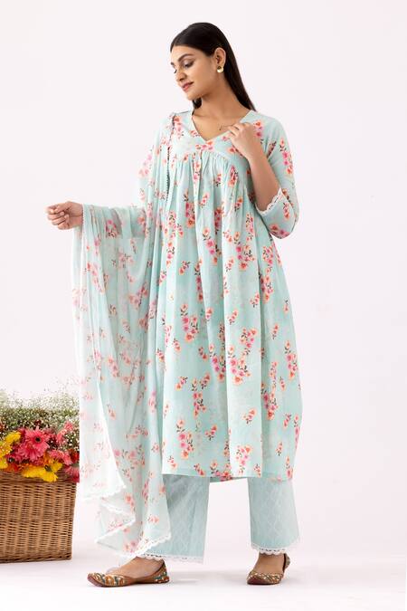 Buy_Abbaran_Blue Cotton Lace, Embroidery V-neck Floral Bloom Print Gathered Anarkali Set _Online_at_Aza_Fashions