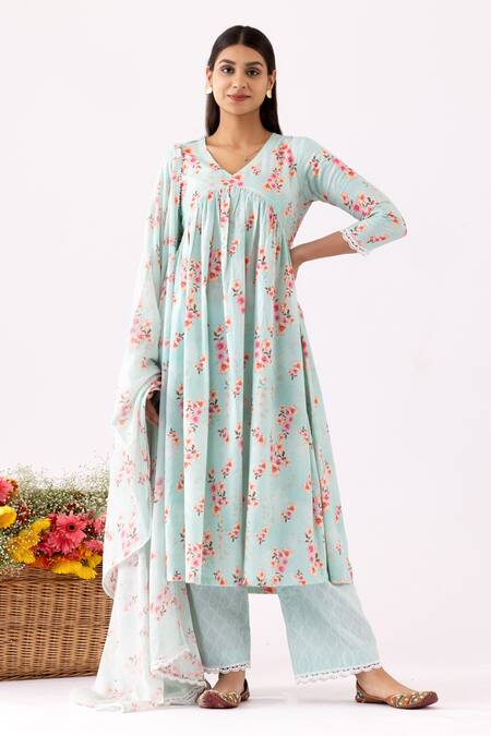 Shop_Abbaran_Blue Cotton Lace, Embroidery V-neck Floral Bloom Print Gathered Anarkali Set _Online_at_Aza_Fashions