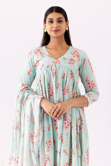 Abbaran_Blue Cotton Lace, Embroidery V-neck Floral Bloom Print Gathered Anarkali Set _at_Aza_Fashions