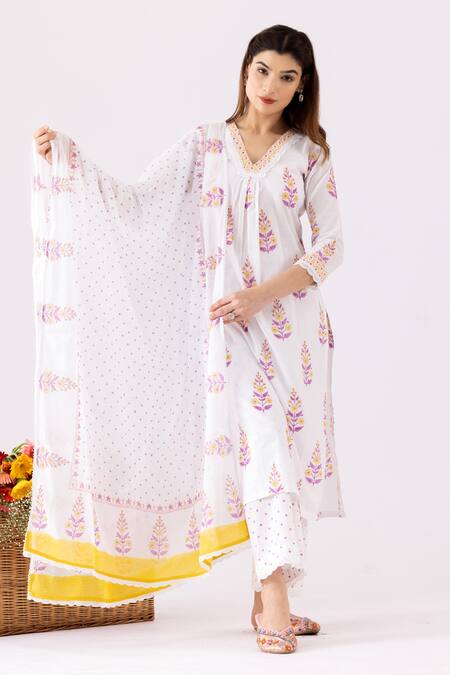 Abbaran Ivory Cotton Cambric Printed And Embellished Floral V Neck A-line Kurta Set  5