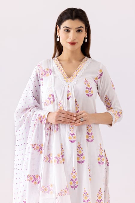 Abbaran Ivory Cotton Cambric Printed And Embellished Floral V Neck A-line Kurta Set  6