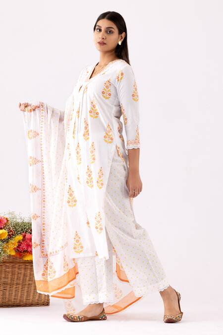 Abbaran_Ivory Cotton, Muslin Embroidery V-neck Block Print A-line Kurta Set_Online_at_Aza_Fashions