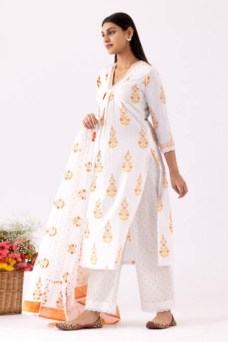 Shop_Abbaran_Ivory Cotton, Muslin Embroidery V-neck Block Print A-line Kurta Set_Online_at_Aza_Fashions