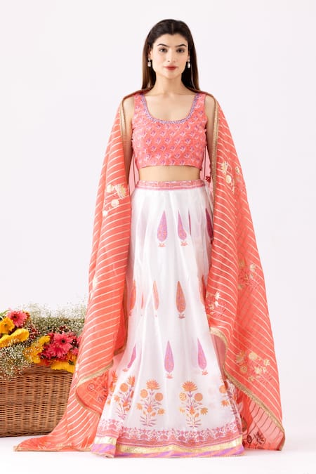 Abbaran_Ivory Chanderi Embroidery, Mirrors, Foil Printing Floral Block Lehenga Set _Online_at_Aza_Fashions
