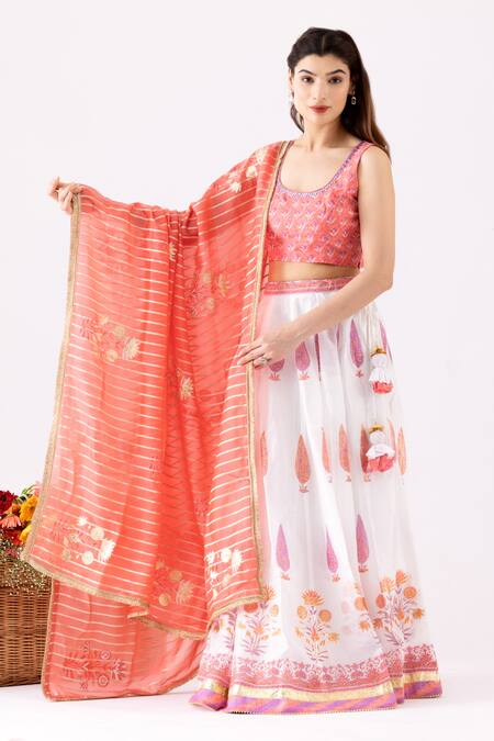 Buy_Abbaran_Ivory Chanderi Embroidery, Mirrors, Foil Printing Floral Block Lehenga Set _Online_at_Aza_Fashions