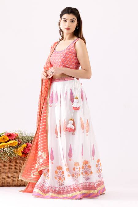Shop_Abbaran_Ivory Chanderi Embroidery, Mirrors, Foil Printing Floral Block Lehenga Set _Online_at_Aza_Fashions