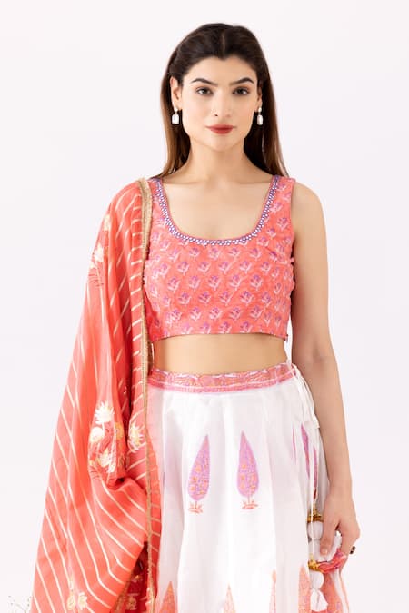 Abbaran_Ivory Chanderi Embroidery, Mirrors, Foil Printing Floral Block Lehenga Set _at_Aza_Fashions