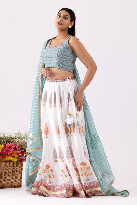 Abbaran_Ivory Chanderi Embroidery Round Neck Block And Foil Print Lehenga Set _Online_at_Aza_Fashions