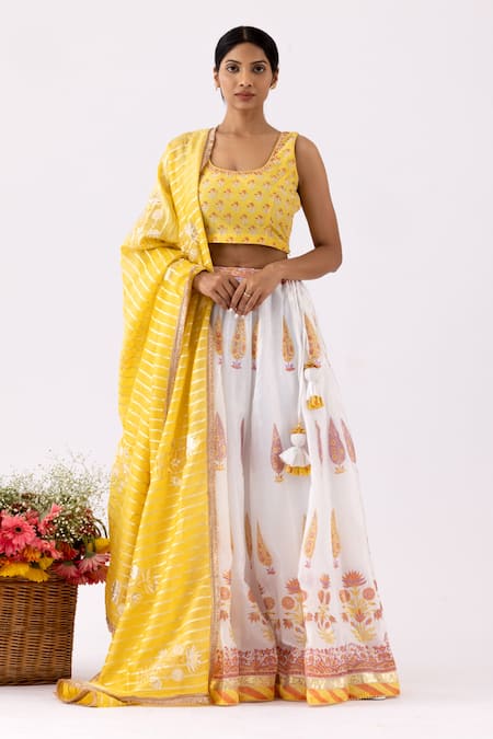 Abbaran_Ivory Chanderi Mirrors, Embroidery, Tassels Round Foil And Block Print Lehenga Set _Online_at_Aza_Fashions