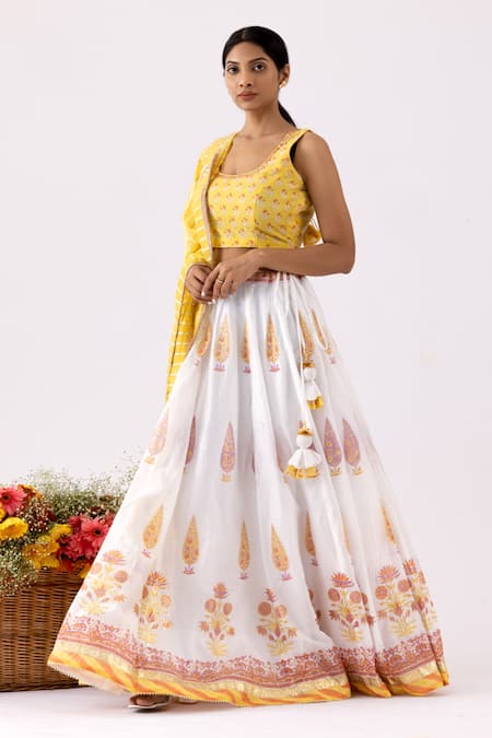Shop_Abbaran_Ivory Chanderi Mirrors, Embroidery, Tassels Round Foil And Block Print Lehenga Set _Online_at_Aza_Fashions