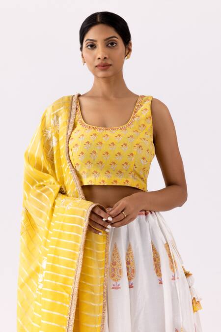 Abbaran_Ivory Chanderi Mirrors, Embroidery, Tassels Round Foil And Block Print Lehenga Set _at_Aza_Fashions