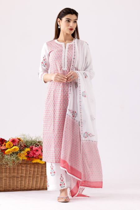 Abbaran Ivory Cotton Embroidery, Lace Round Neck Printed Straight Kurta Set Online at Aza Fashions Abbaran_Ivory Cotton Embroidery, Lace Round Neck Printed Straight Kurta Set _Online_at_Aza_Fashions