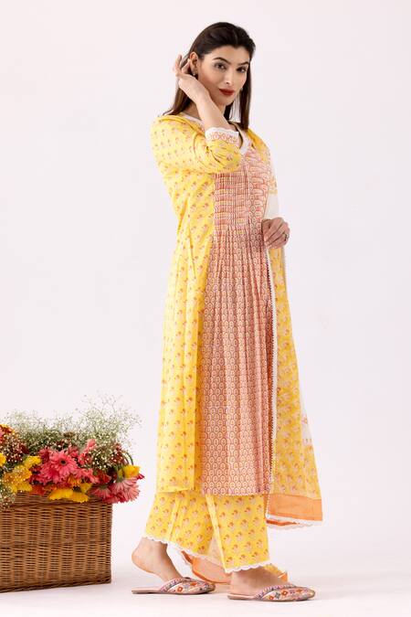 Shop_Abbaran_Yellow Cotton, Muslin Embroidery, Lace V-neck Floral Print Panelled Anarkali Set_Online_at_Aza_Fashions
