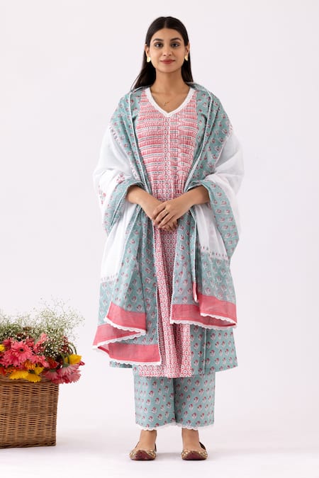 Abbaran_Blue Cotton, Muslin Embroidery, Lace V-neck Floral Block Print Anarkali Set_Online_at_Aza_Fashions